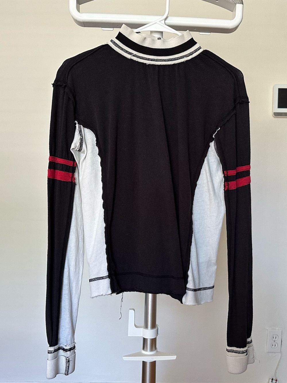 Free People Black & White Long Sleeve Layered Top with Red Stripe Accents XS